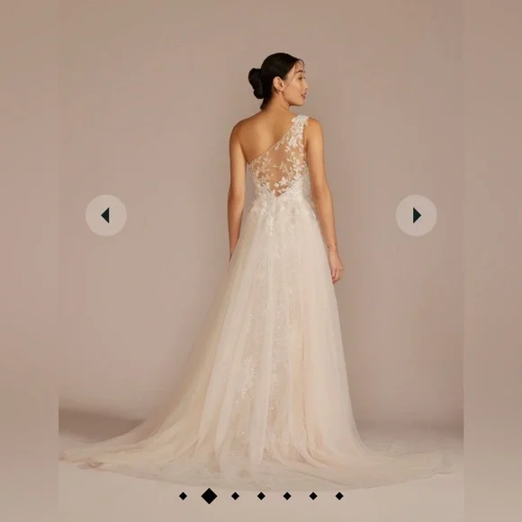 David’s Bridal- One-shoulder beaded wedding dress with overskirt - Picture 4 of 12